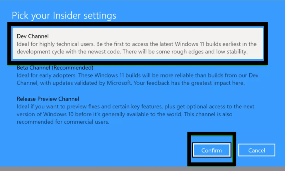 Confirm Insider Settings