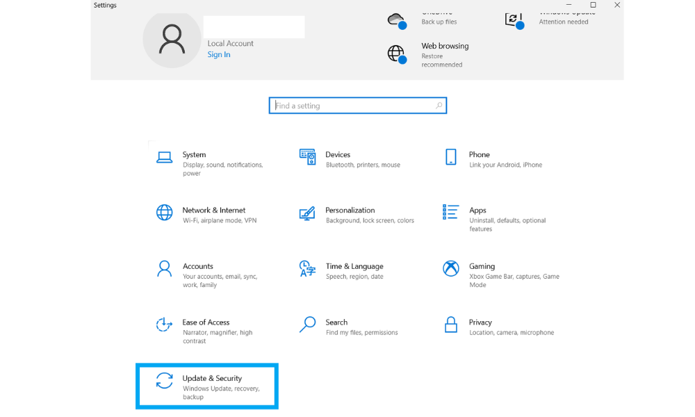 Settings - Update & Security