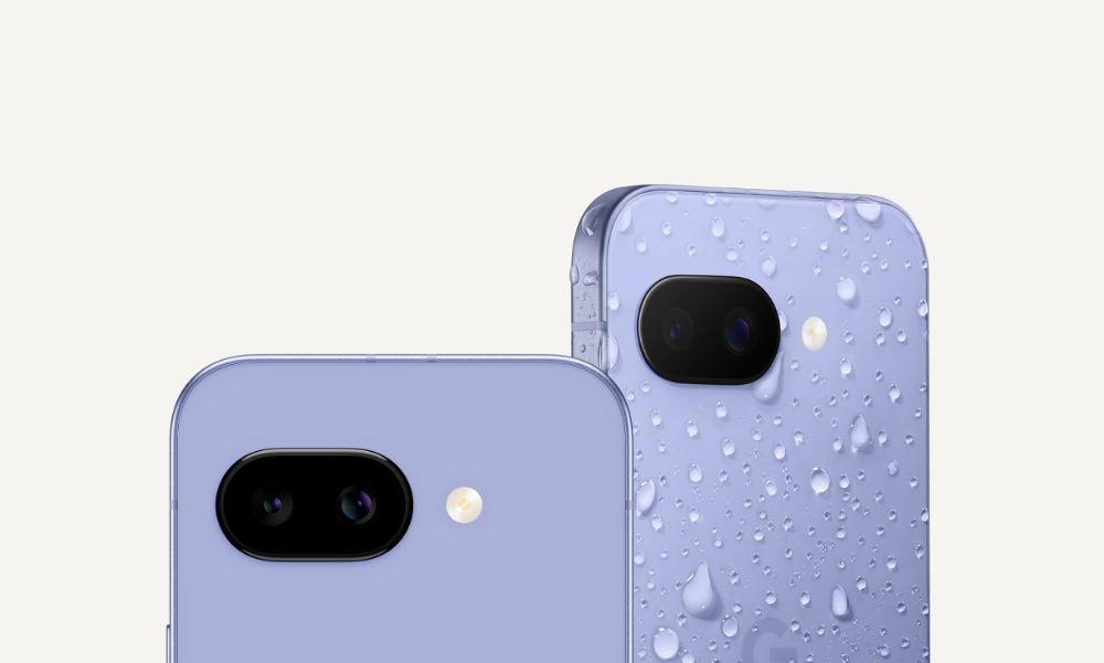 Close-up of the Google Pixel 9a’s dual-camera system, showcasing its AI-powered photography capabilities for enhanced image quality in all lighting conditions.